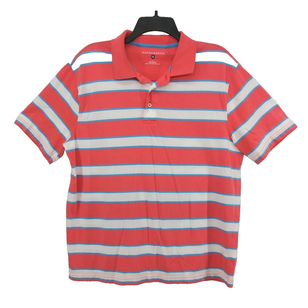 Saddlebred Polo Shirt Men Size L Pink White Blue Striped Rugby Golf Outdoor